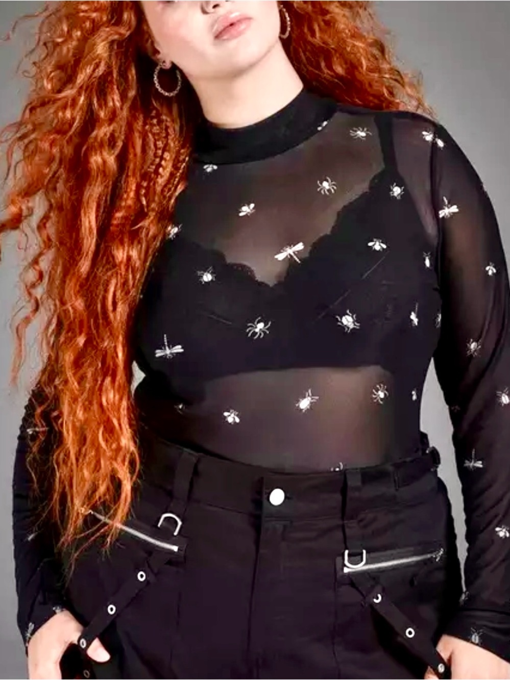 NWT Torrid Nightfall Mesh Black Long-Sleeve Mock NeckTop w/Embroidered Bug Motif
